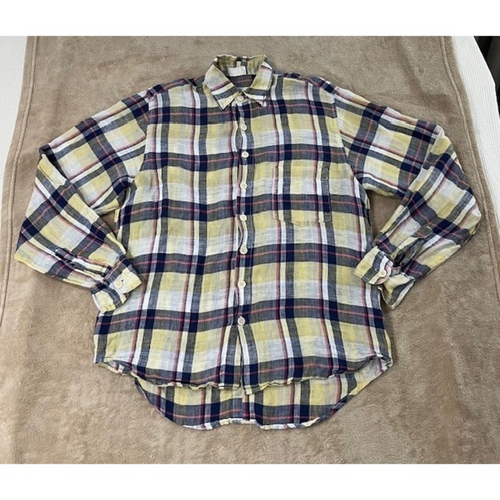 CP Shades Womens Linen shirt size S yellow/navy Plaid Button-Up Long Sleeve EUC